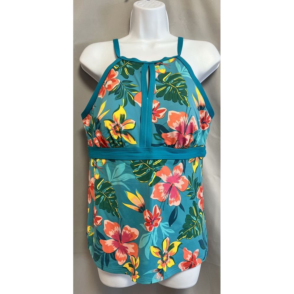 Lands End Teal Tropical Floral  Reg‎ 12 Keyhole Neck Tankini SWIM TOP